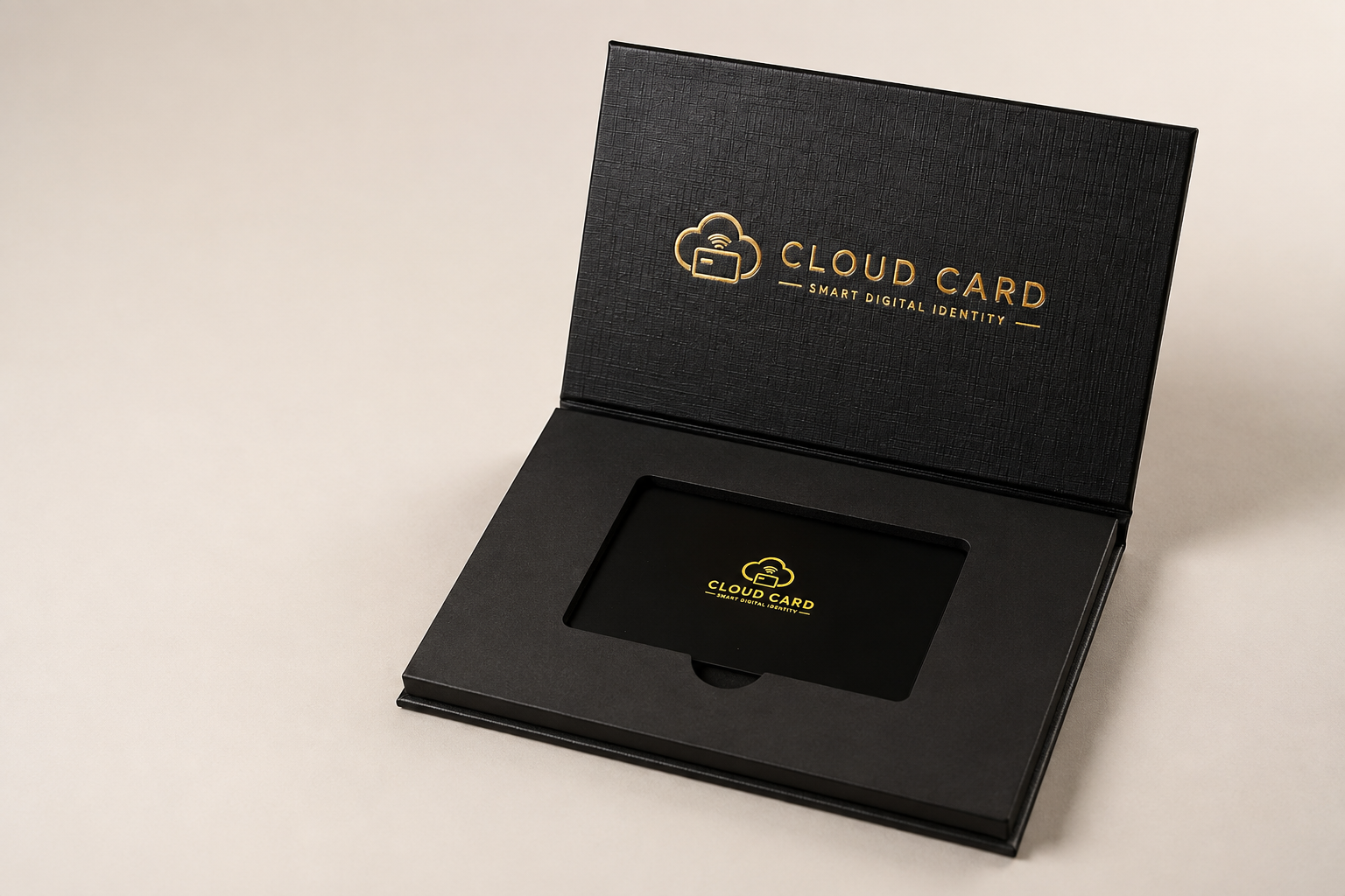 Open black CloudCard presentation box with a matte black NFC business card in its fitted insert